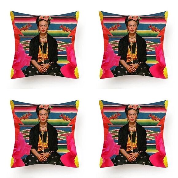 Set of 4 Frida Kahlo Self Portrait, Outdoor Pillow Cover 18x18 Aztec Hibiscus - Picture 1 of 2